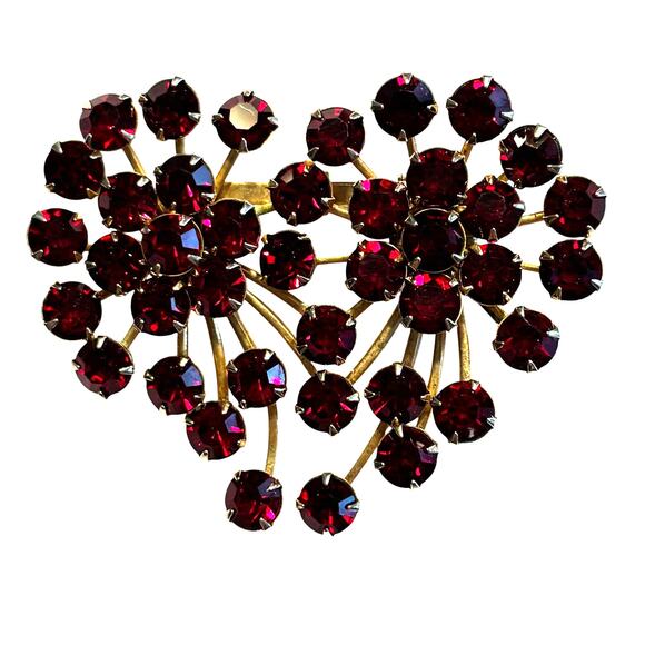 Red rhinestones brooch gold metal setting double starburst vintage mid century - Picture 1 of 8